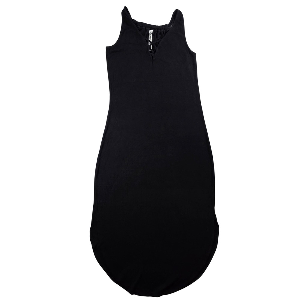 Michael Stars Womens Small Black Midi Dress Ribbed Lace‎ Up V-Neck Reversible